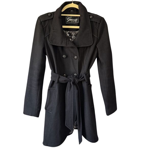 Vintage Guess est 1981 Ladies Belted Wool Peacoat Size M Black Raised Collar M - Picture 1 of 10